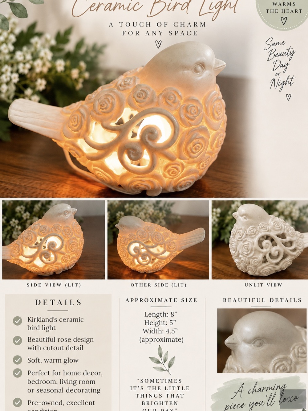 Kirklands Cream Ceramic Bird Lantern with Rose Cutouts